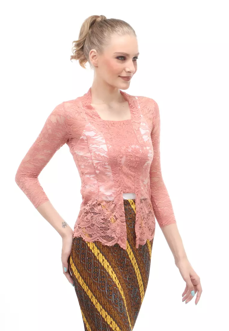 Hara Kebaya Seri 2 Motif Brokat Long Sleeves Atasan Wanita Transparan Premium Quality - Pink Salem