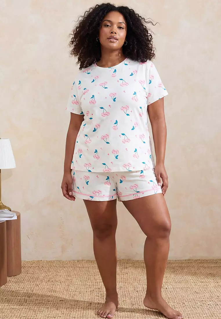 Ecru Cherry Patterned Knitted Large Size Pajama Set Tbbss26Ai00062
