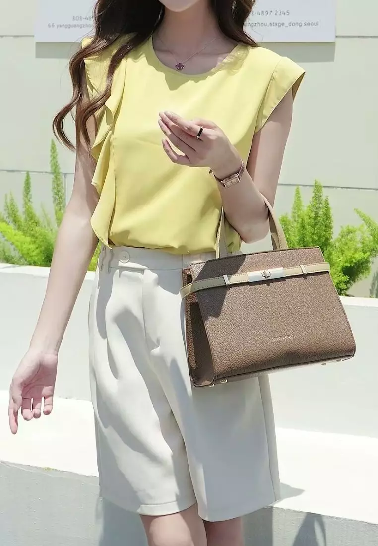 Women's Top Handle Bag / Sling Bag / Crossbody Bag / Shoulder Bag - Dark Brown / Apricot