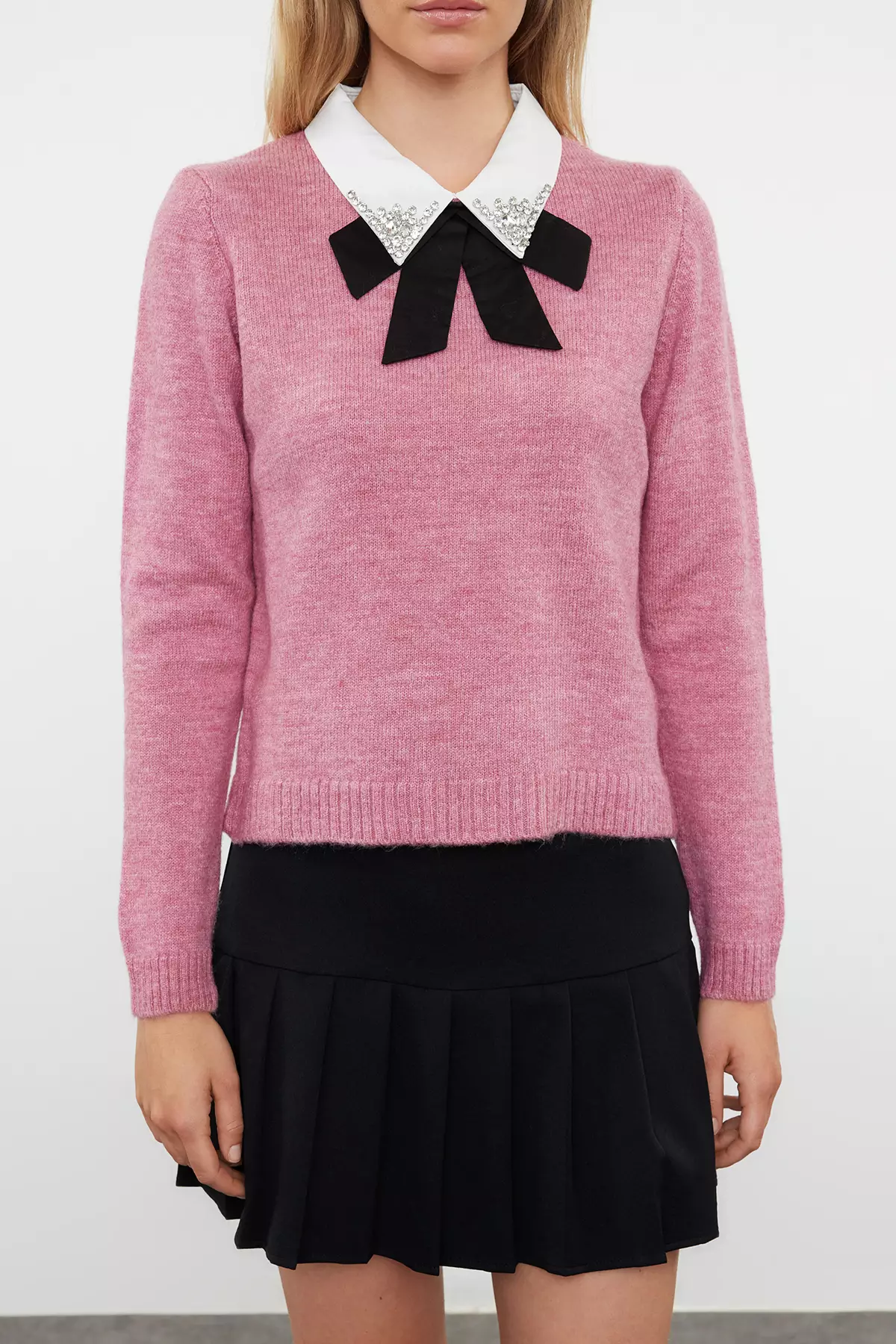 Dusty Rose Soft Texture Shirt Garnished Ribbon/Bow Detailed Stone Knitted Sweater