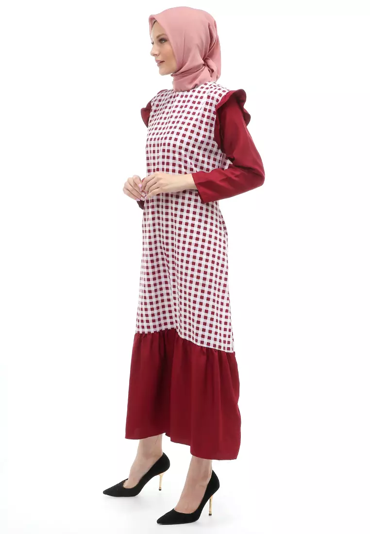 Ghina Gamis Tartan Muslimah Long Casual Wanita Regular Fit - Maroon