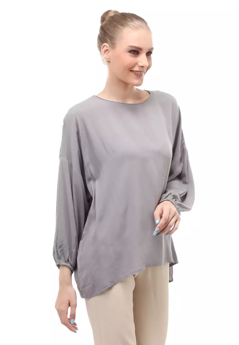 Glory Blouse Oversize Long Sleeves Atasan Wanita Design Simple Motif Polos Relaxed Fit - Grey