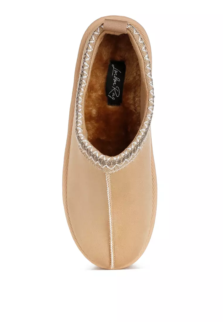 Sandal Slip-On Klasik Berbulu Platform Bordir Beige