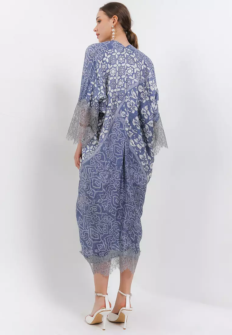 Batik Rizqina Kaftan Syahira Batik Wanita - Kaftan Kaca - Grey - Batik Cap Peranakan Series - OOTD Batik - Batik Viscose Premium - Soft Tulle Organza