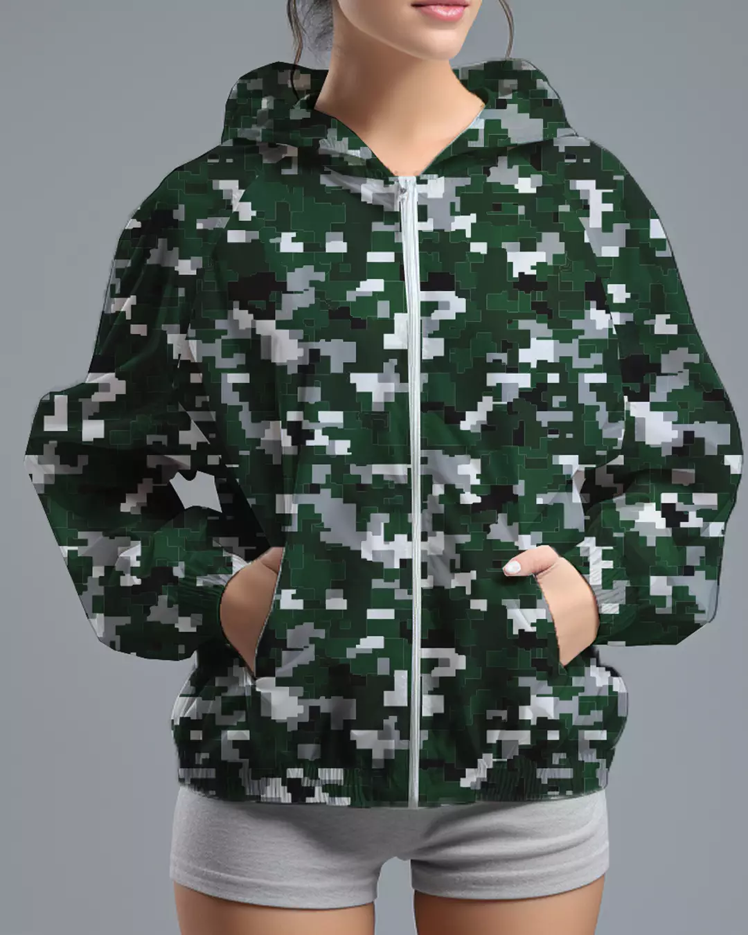 LSD73 Jaket Lari Olahraga Wanita Parasut motif "pixel camo" hijau