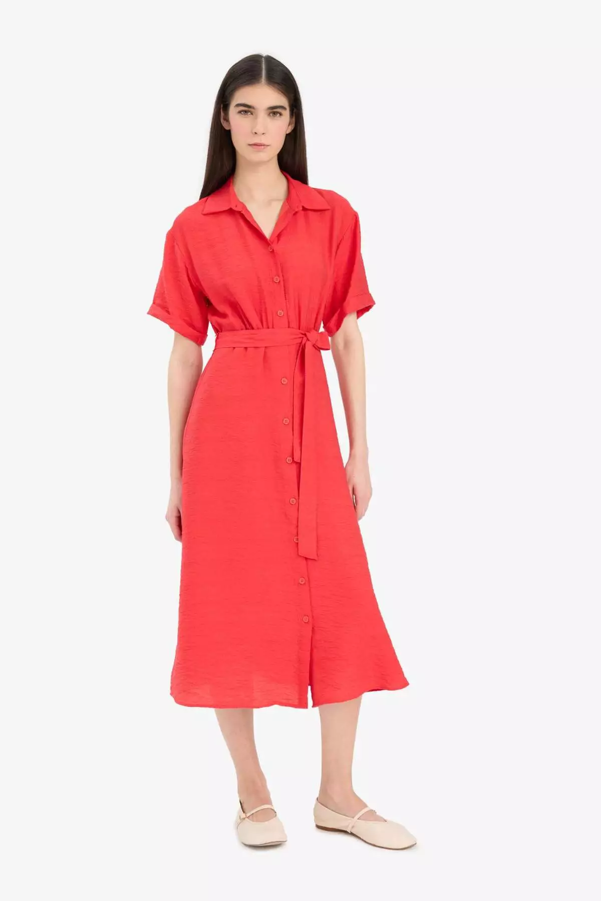 Shirt Collar Belted Short Sleeve Red Midi Summer Dress F2113Ax25Sm