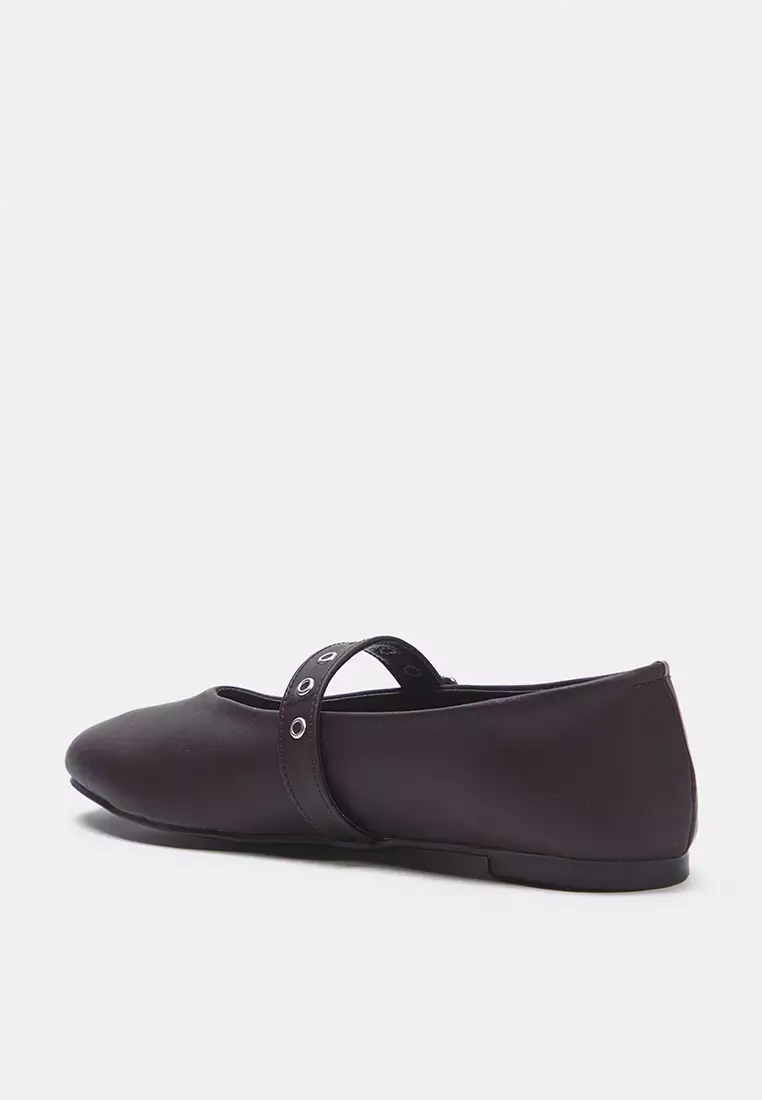 Dark Brown Eyelet Belt Almond Toe Mary Jane Women's Ballerinas Takss25Be00044