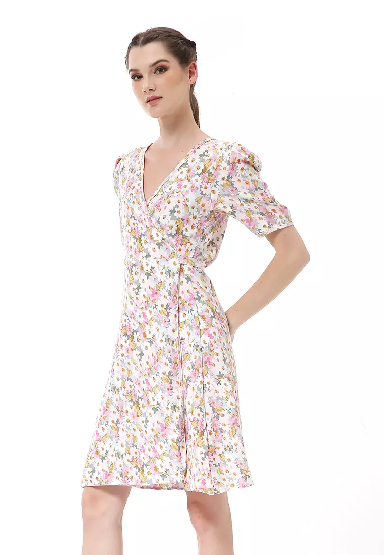 Rachel Dress Wanita Lengan Karet Flower Motive Model Belah Samping Material Cotton ORIGINAL - Pink
