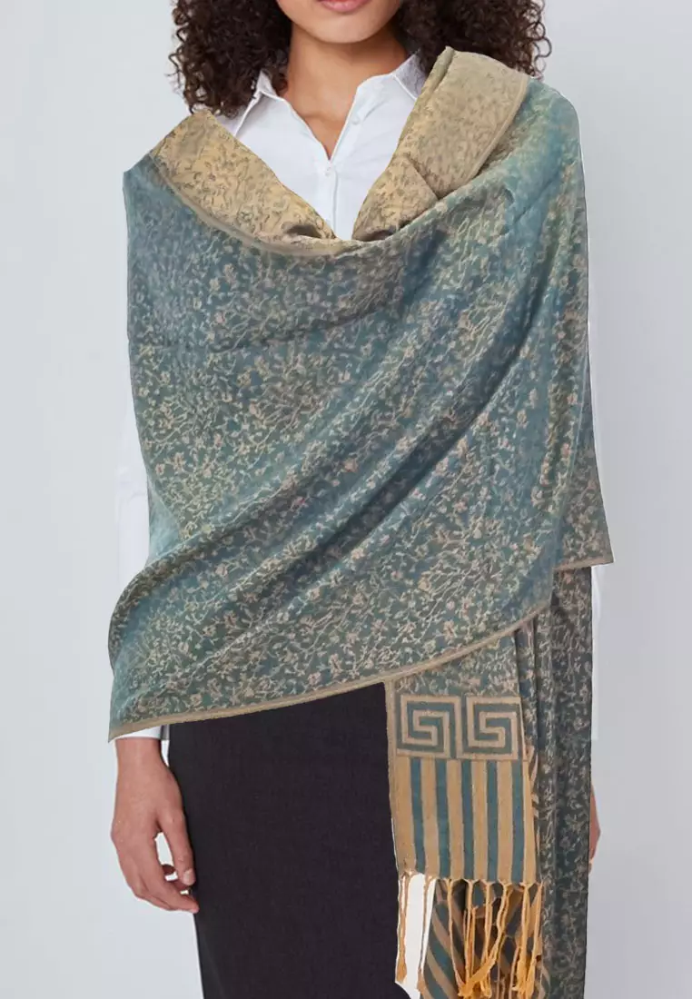 Reversible Viscose Floral Pattern Pashmina Shawl Syal Wanita Emerald Green
