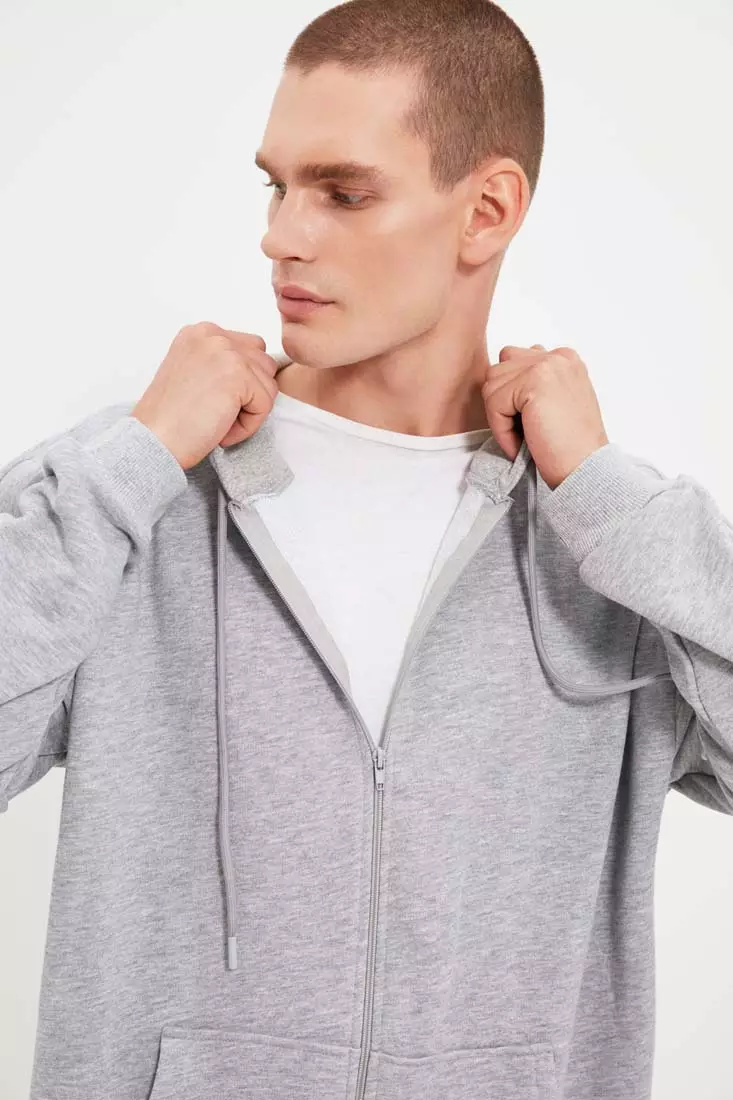 Gray Men's Basic Oversize Fit Zippered Hooded Thick Sweatshirt-cardigan
