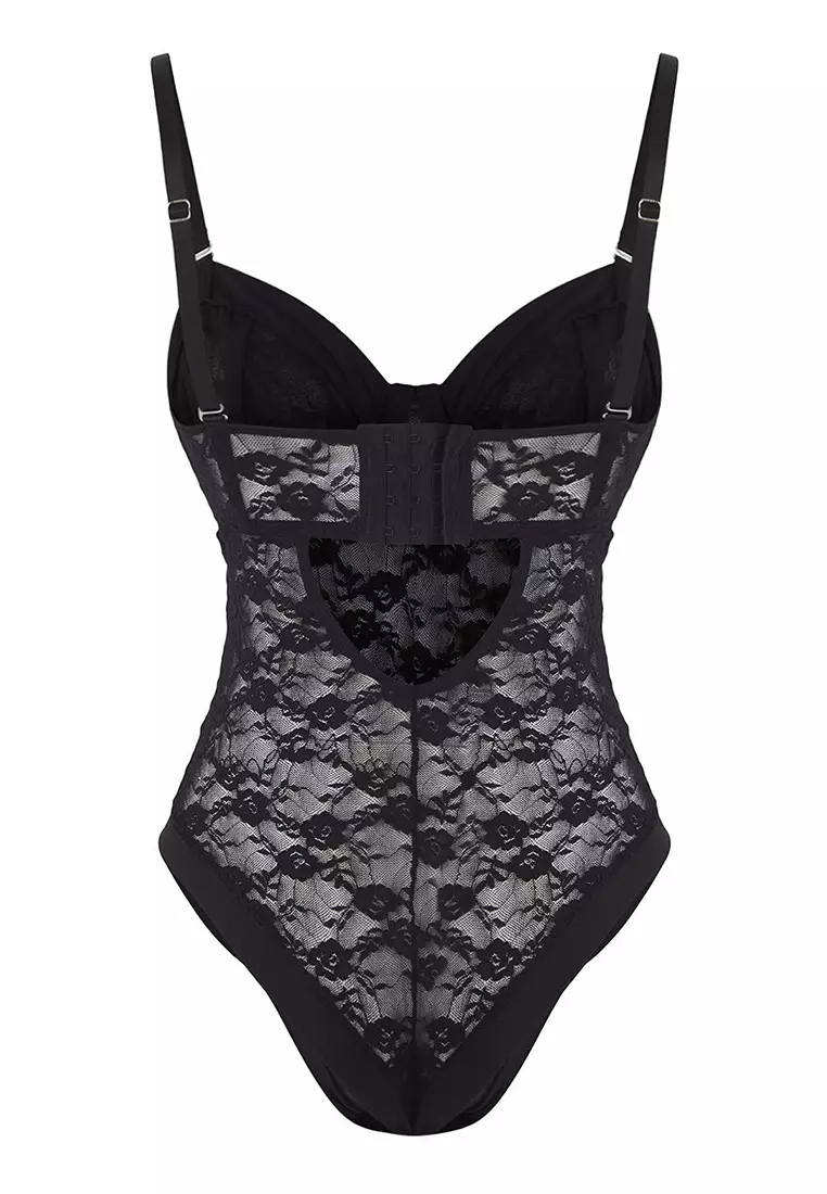 Buy Trendyol Black Lace Window/Cut Out Detailed Knitted Bodysuit ...