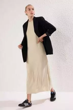 Beige Knitted Dress Tctss25Eb00154