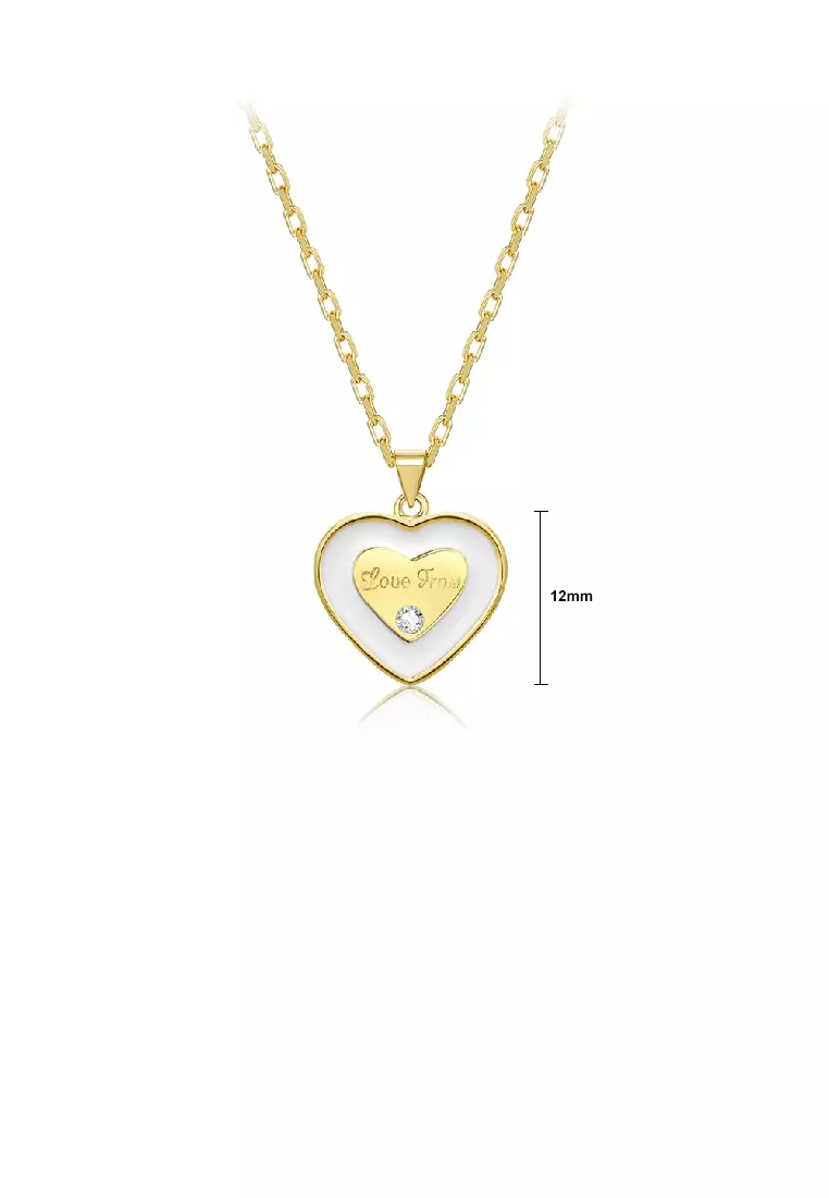 Simple and Romantic Plated Gold Enamel White Heart-shaped Pendant with Cubic Zirconia and Necklace
