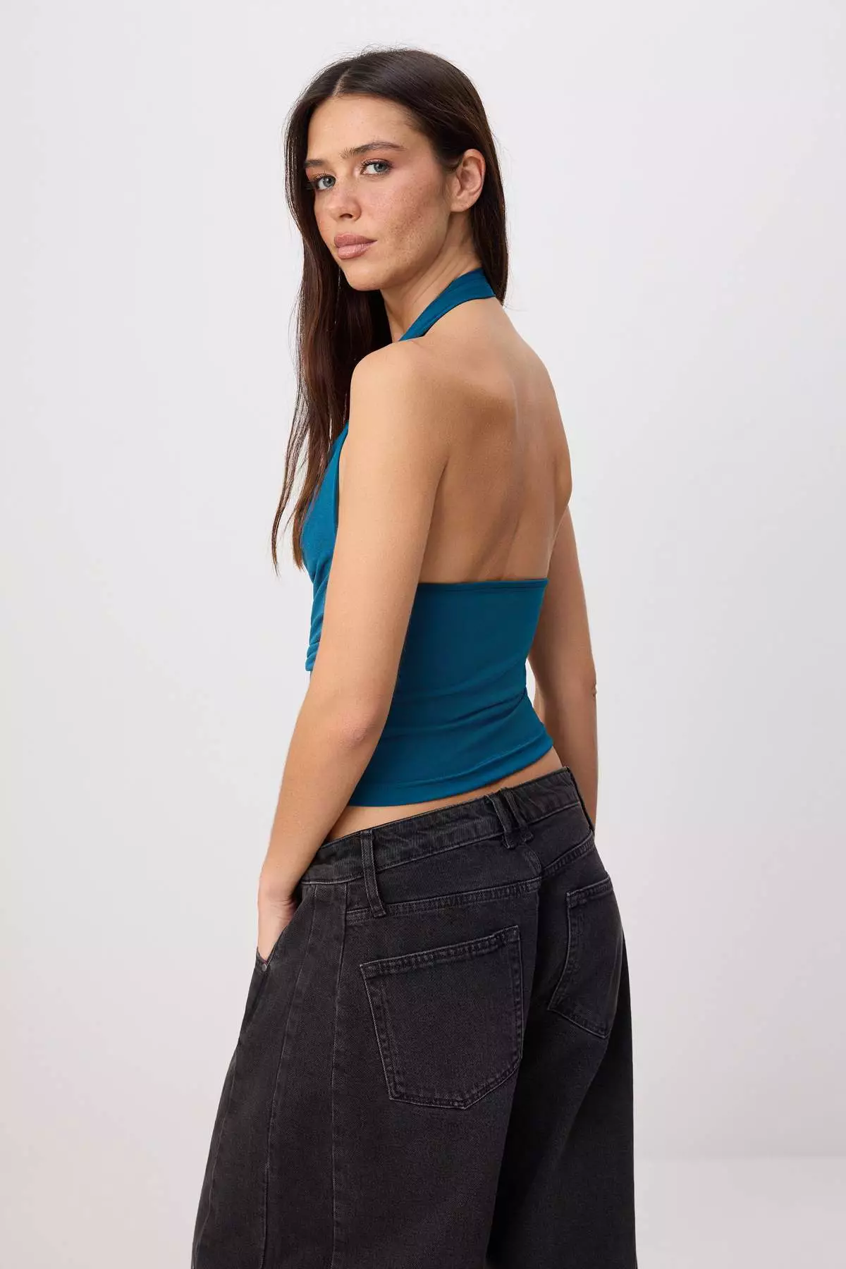 Petrol Regular/Normal Molded Neckline Tie-Detail Sleeveless Stretchy Knitted Blouse Twoss26Bz00521