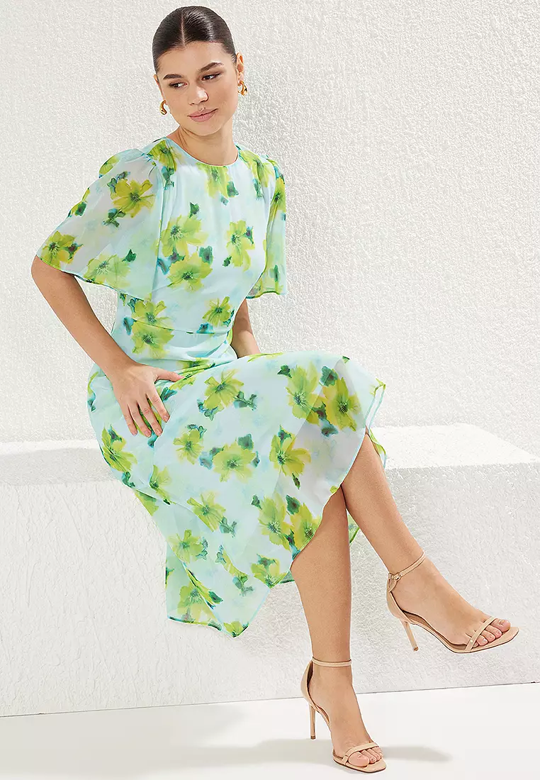 Light Blue Plain A Cut Midi Woven Dress