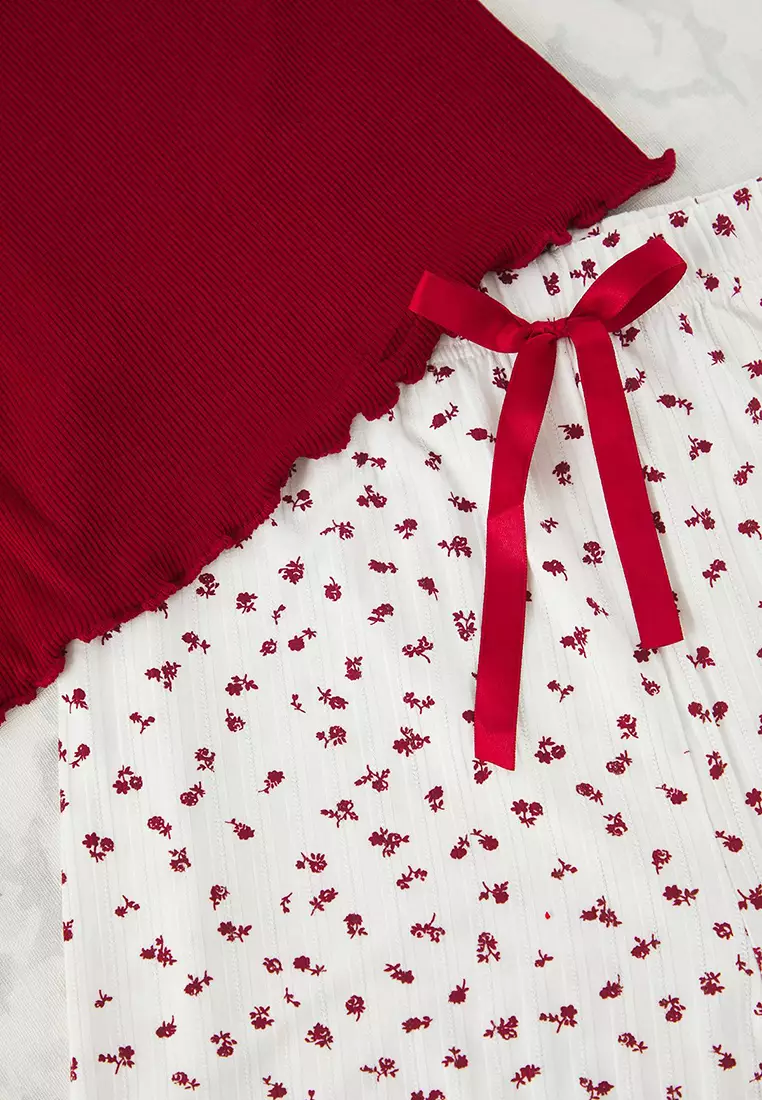 Claret Red Textured Baby Overlock Detailed Knitted Pajama Set Tbbss25Ai00096