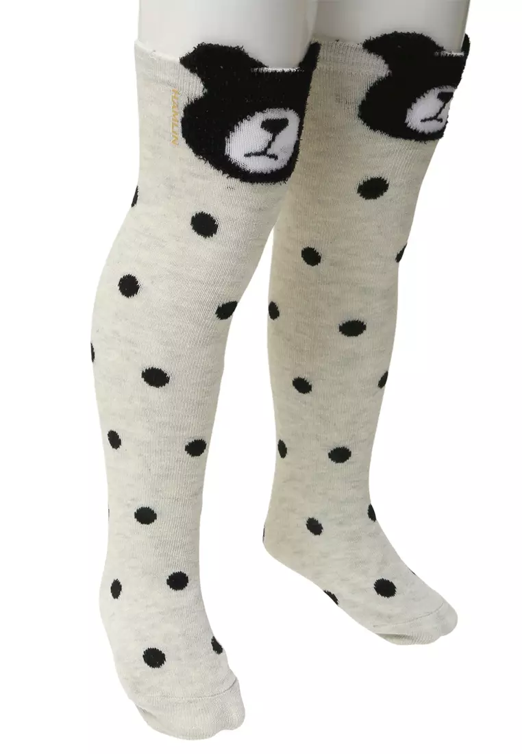 Candie Kaos Kaki Panjang Anak Perempuan Motif Bear Kids Long Socks Material Cotton ORIGINAL - White Black