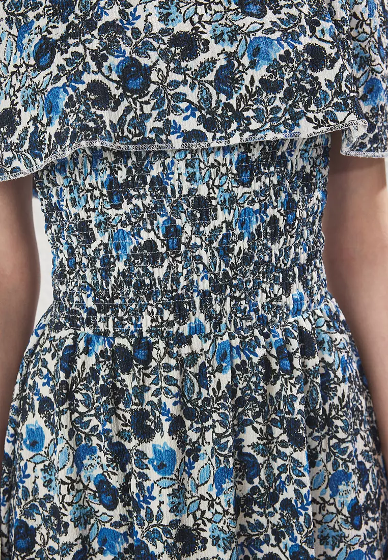 Blue Floral Carmen Collar A Line/Flare Cut Midi Knit Dress TWOSS25EL00544