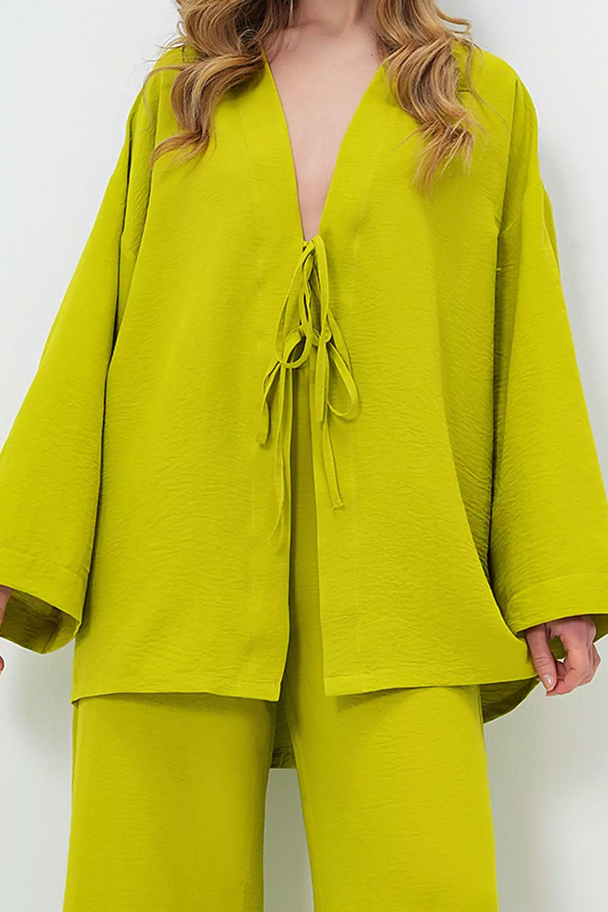 Women's Oil Green Lace-Up Kimono Jacket And Palazzo Pants Set Alc-X12452