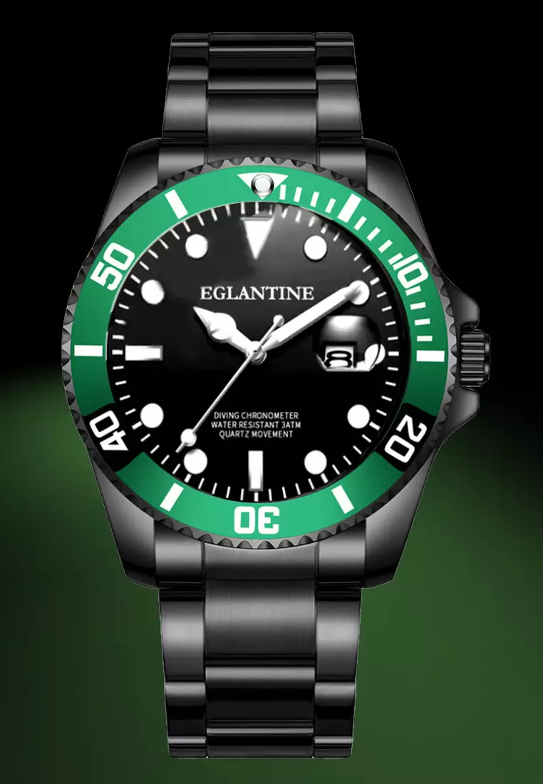 Diver's Watch, IP Black Metal Case and Bracelet, Black Dial, Green Turning Bezel, Quartz Movement