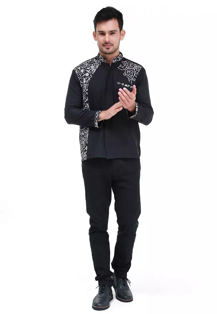 Dwan Kemeja Batik Pria Simple Atasan Formal Longsleeve Shirt Material Cotton ORIGINAL - Black