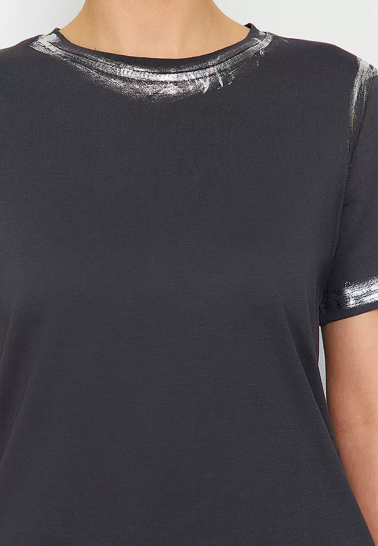 Anthracite Gilded Loose/Comfortable Pattern Knitted T-Shirt