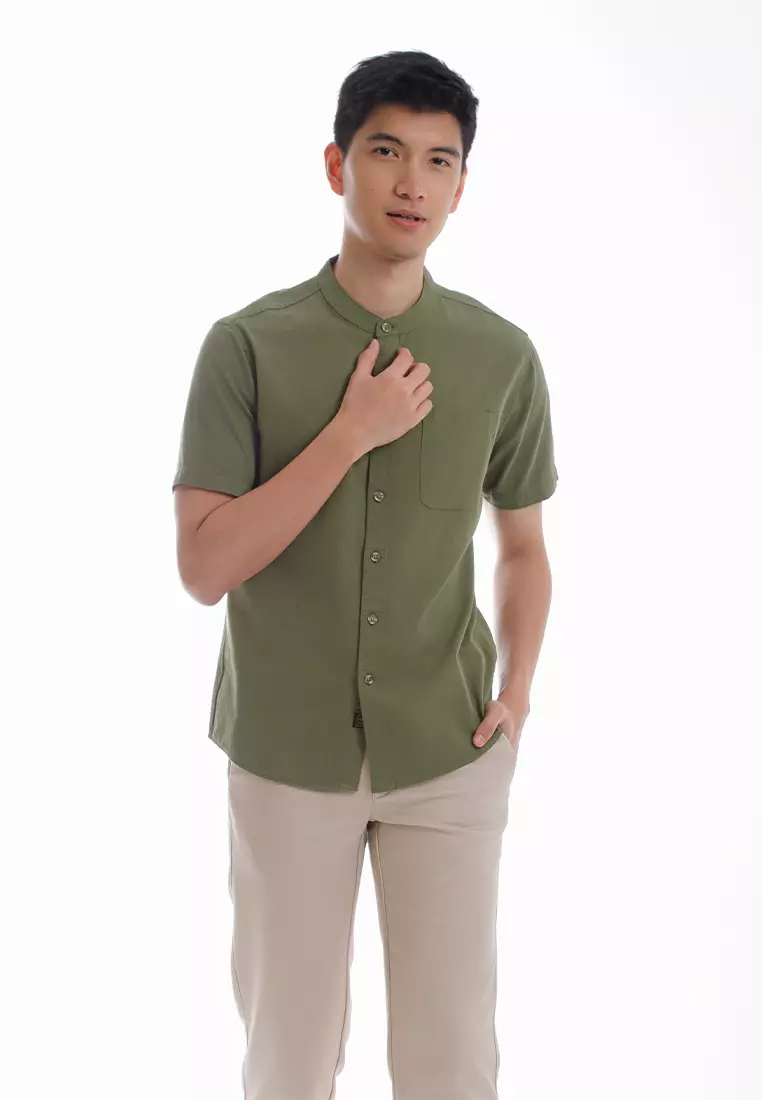 Forest Woven Mandarin Collar Short Sleeve Men Shirt | 621405-48Olive
