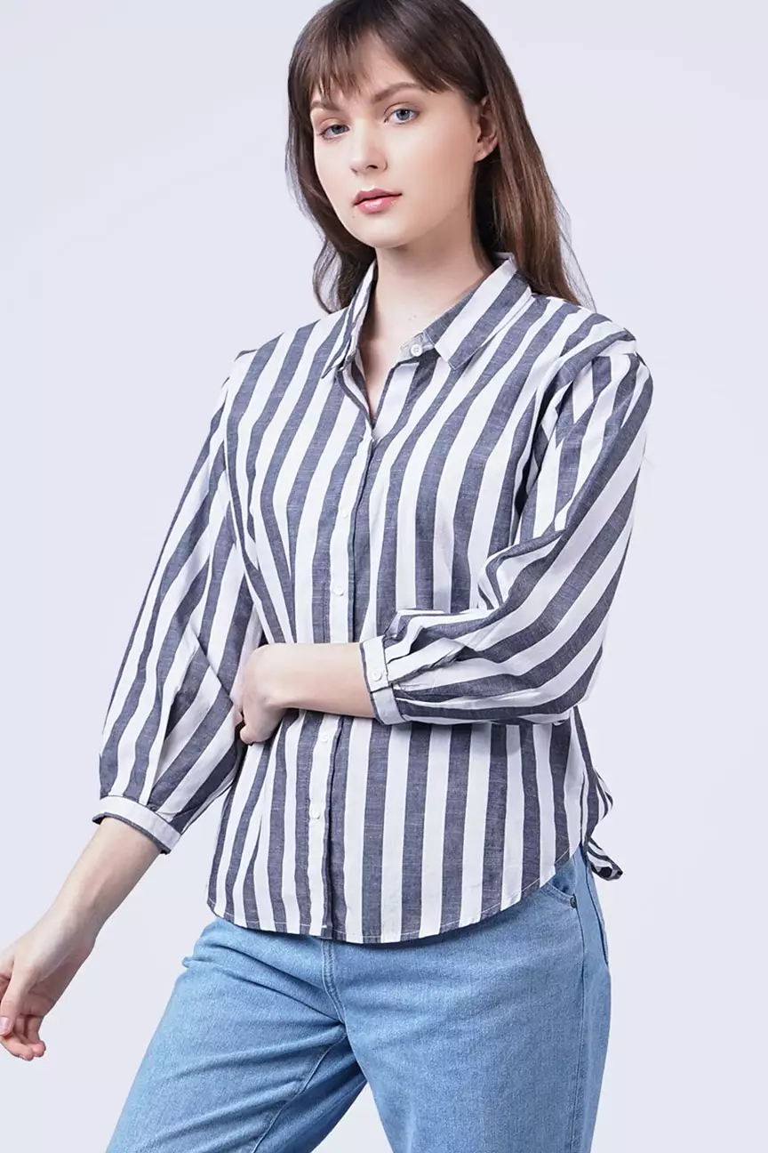 Kemeja Wanita Gracia Stripe Black Offwhite