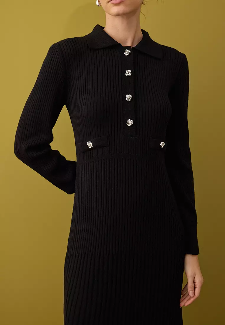 Black Metal Button Detailed Knitted Rib Dress