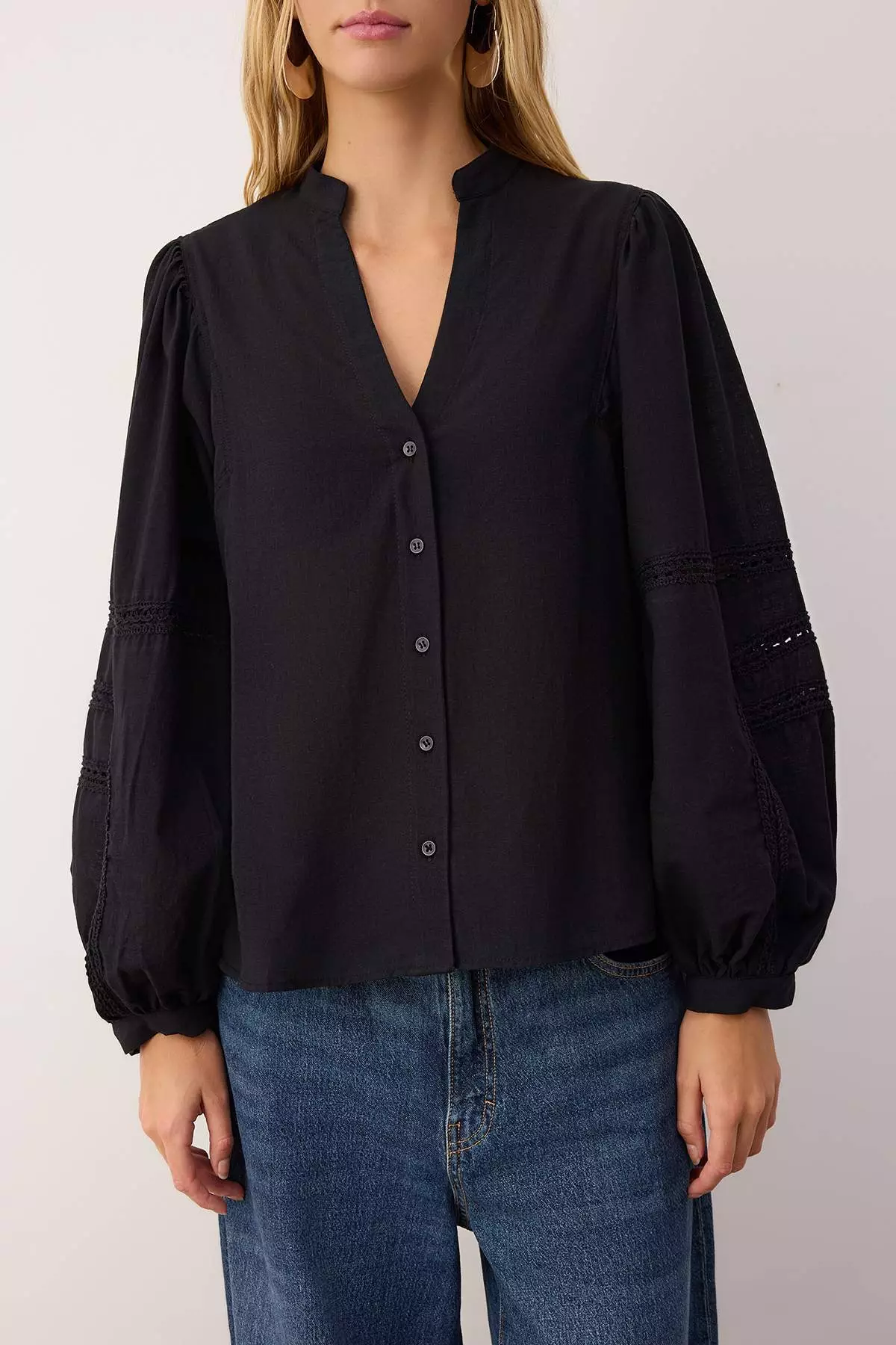 Black Sleeve Lace Stripe Detailed Boho Shirt