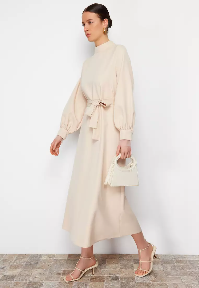 Stand Collar Belt Detailed Dress