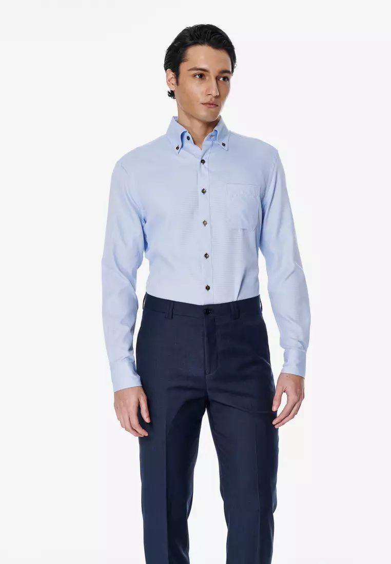 淺藍色織紋標準版長袖襯衫
