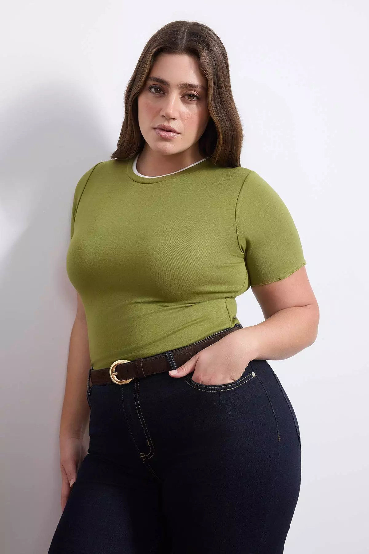 Wardrobe Essentials Oil Green Collar Piped Detail Soft Keys Knitted Blouse Tbbss26Af00025