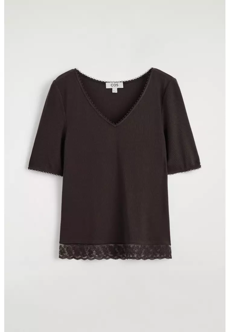 LACE-TRIMMED RIBBED V-NECK T-SHIRT