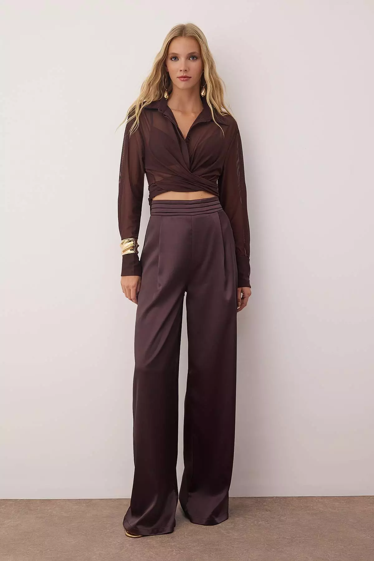 Brown Plain Woven Satin Dressy/Evening Trousers Tprss23Pl00001