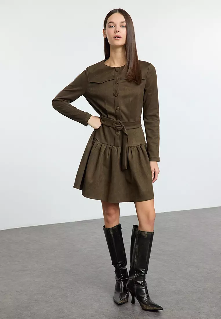 Khaki Arched Plain Short / Mini Woven Dress Twoaw25El00252