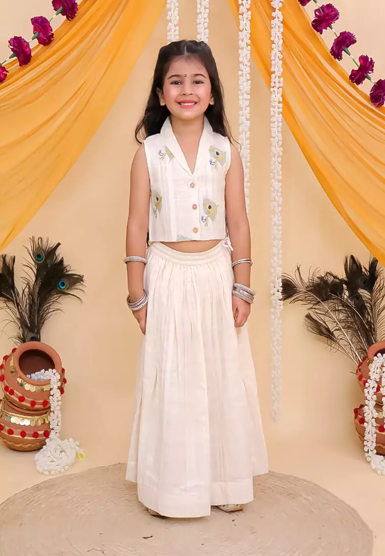 The Mom Store Mayur Dhaga Girls Embroidered Lehenga Set - White