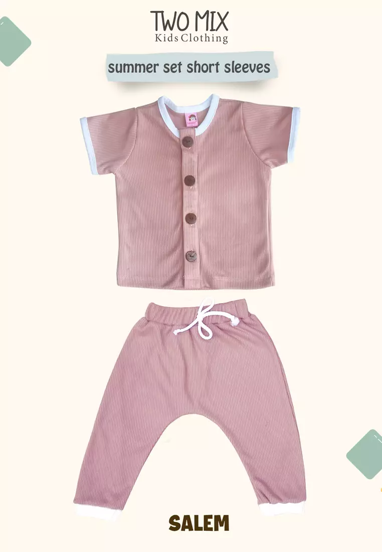 Two Mix - One Set Outfit Setelan Baju Bayi Anak Laki-Laki / Perempuan Celana Panjang 0 6 12 Bulan - 1 2 Tahun 4360B Salem