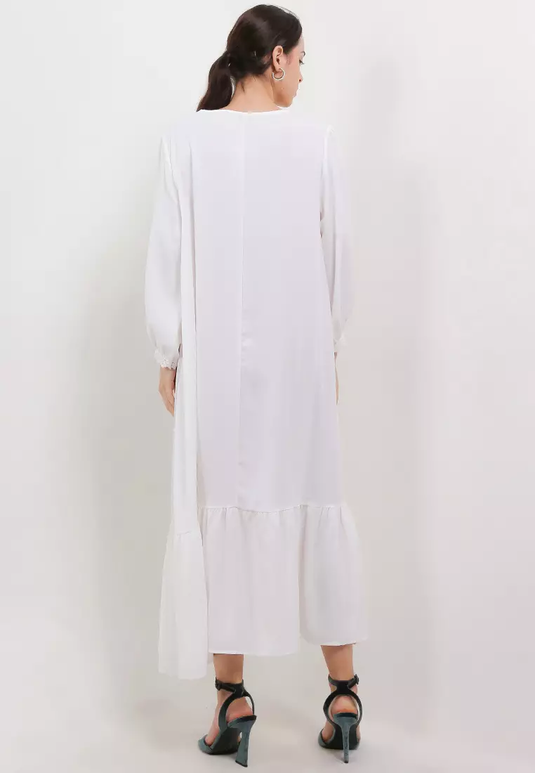 L/S Ruffle Hem Emb & Lace Detail Long Dress