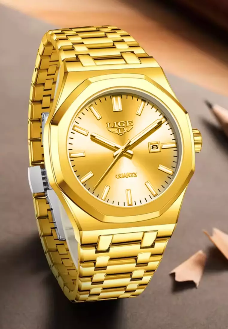 Unisex Gold Color Stainless Steel Quartz Watch, with Date, Gold Color Steel Bracelet