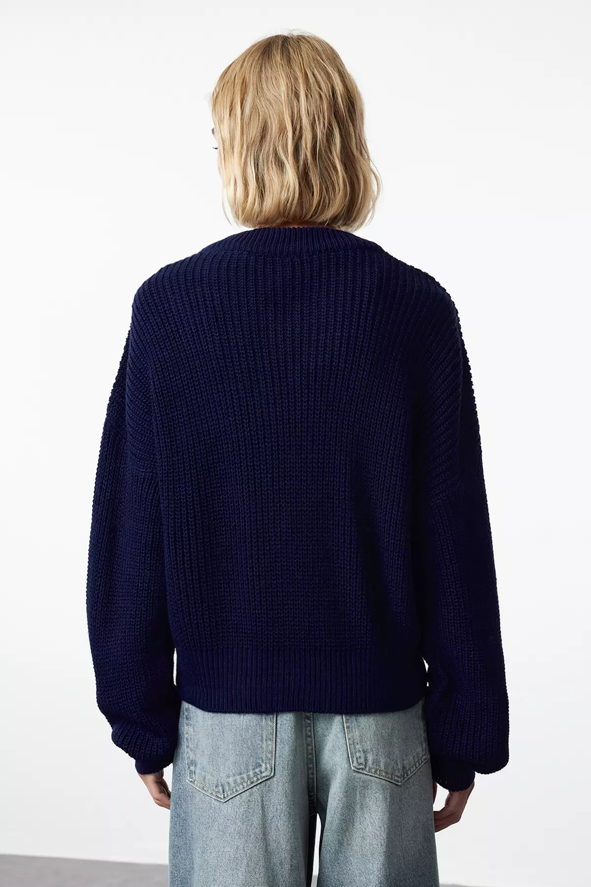 Navy Blue Wide Fit Bomber Collar Zippered Knitwear Cardigan Twoaw24Hi00153