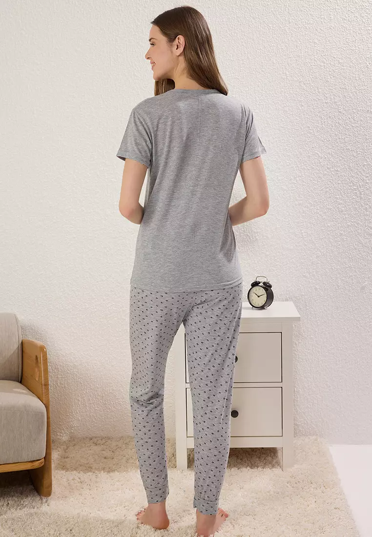 Gray Melange Cotton Galaxy and Slogan Printed Knitted Pajama Set THMSS25PT00385