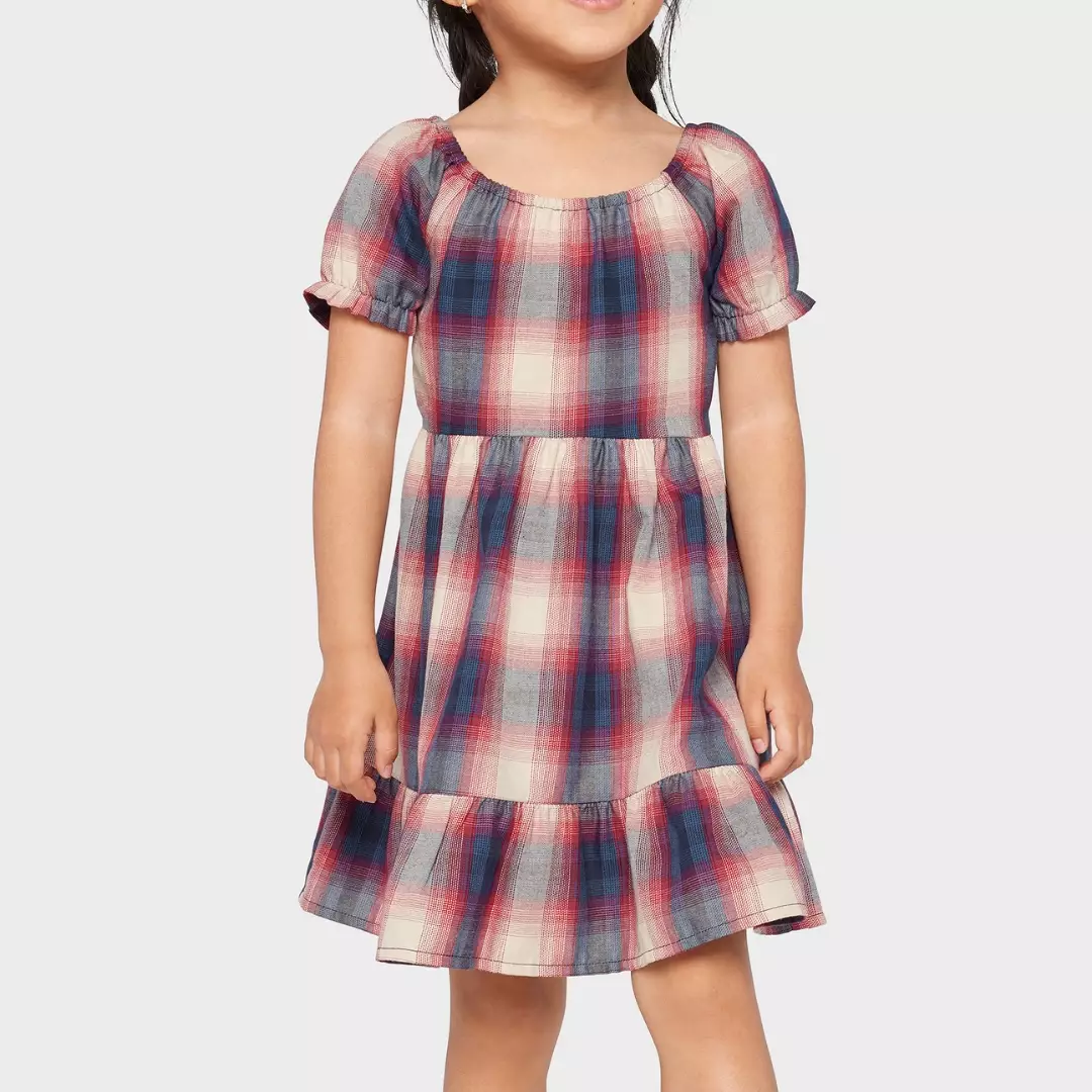 Toddler Girls Plaid Ruffle Dress - Baju Bayi Perempuan (Merah)