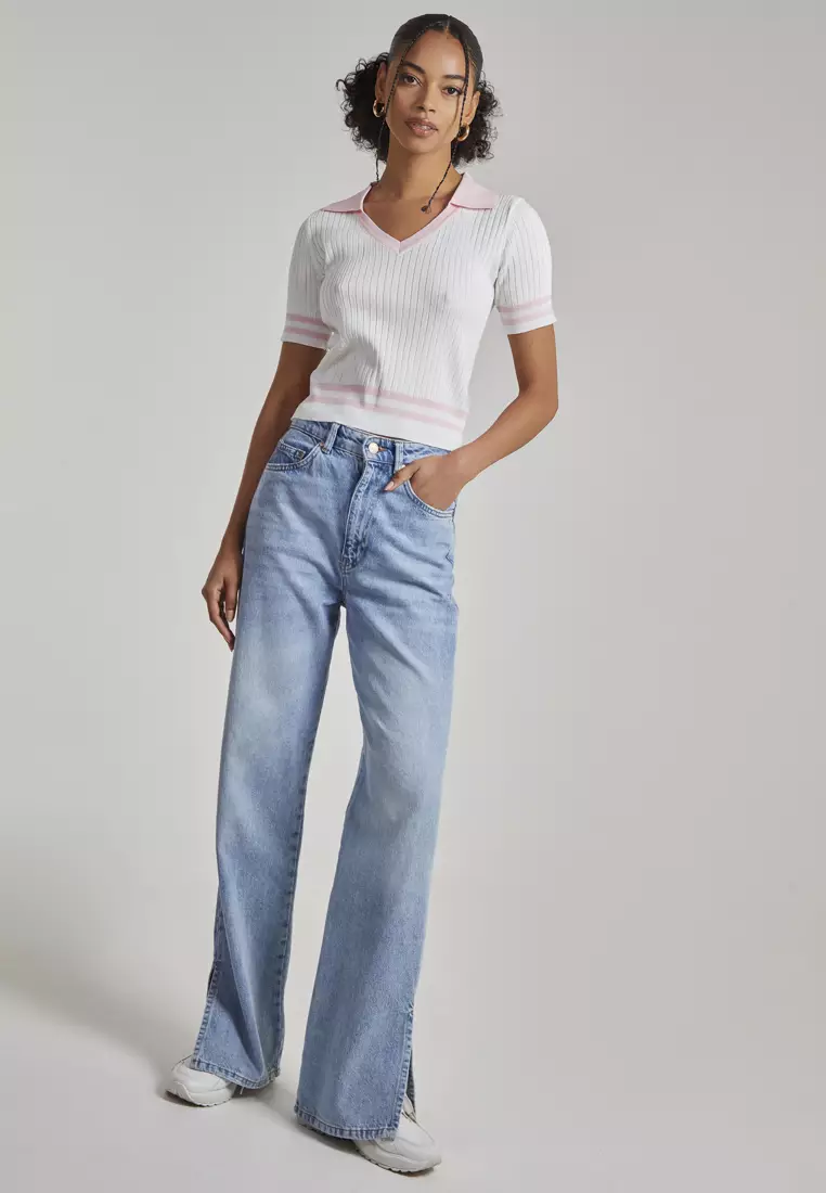 Pink Vanilla Ivory/Pink Collared Sports Stripe Knitted Top