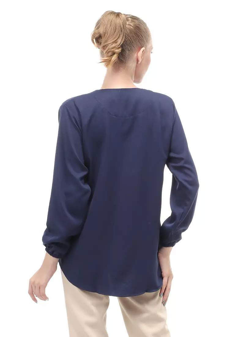 Mitzi Blouse Wanita Kerah V-neck Motif Solid Aksen Kancing Design Casual - Navy