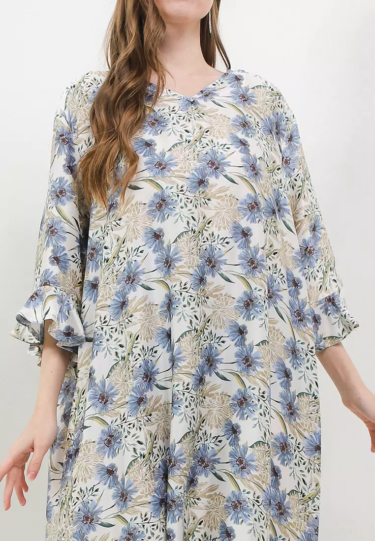 Ruffle Sleeve Printed Sateen Maxi Dress
