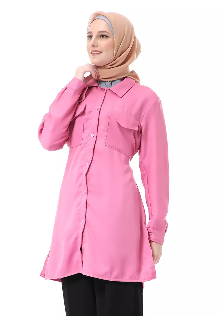 Babyla Long Tunik Pakaian Atasan Muslimah Wanita Motif Polos - Dusty