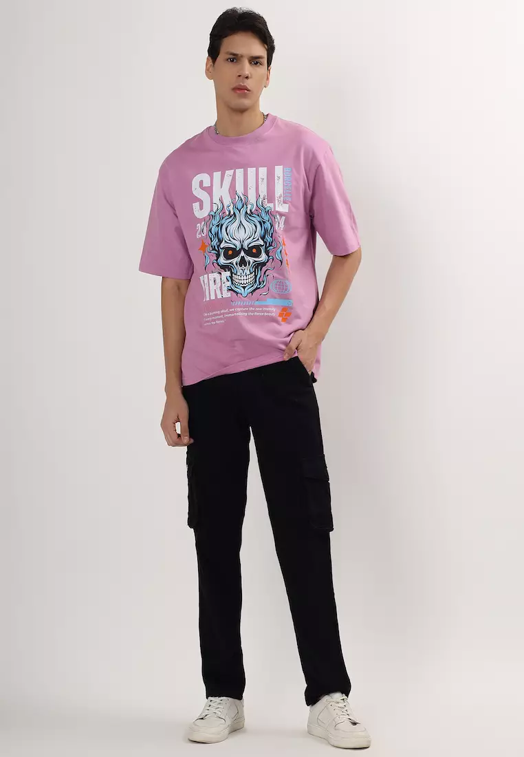 骷髅火焰图案薰衣草色棉质宽松T恤/T恤，男女通用运动服，圆领，短袖