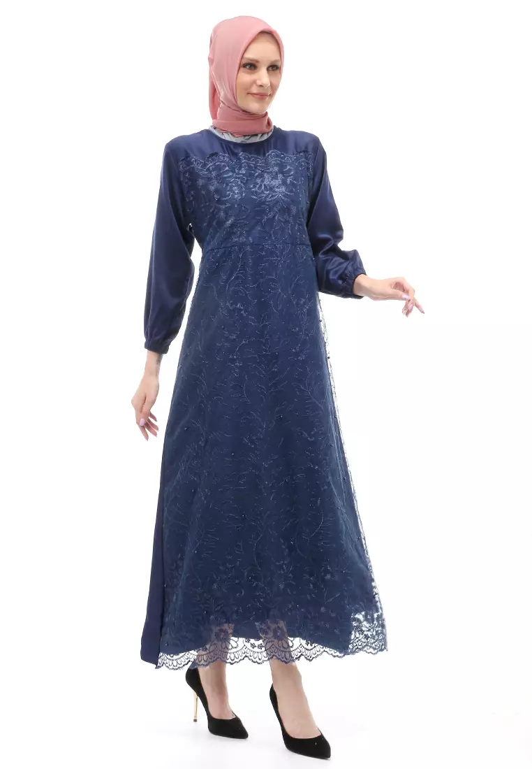 Monita Gamis Brokat Tile Wanita Muslimah Regular Fit - Navy