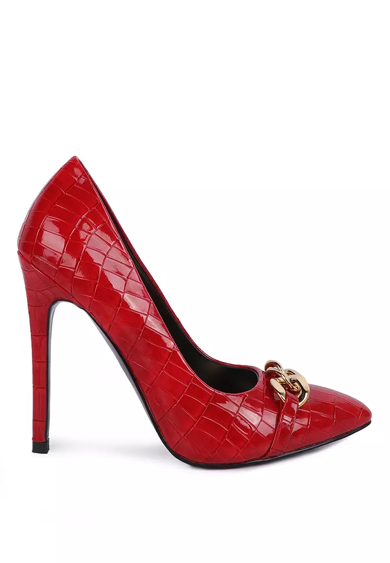 Discount on London Rag  shoes - SKU: Red Croc Metal Chain Pump Heels